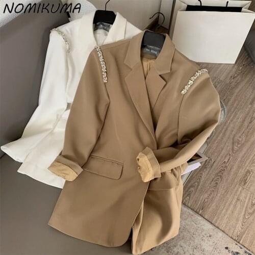 Nomikuma Fashion Diamonds Blazer Coat Women 2021 Autumn Suit Jacket Causal Long Sleeve Notched Collar Blazers Feminimos 6Z936