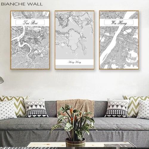 BIANCHE WALL Nordic China City Black White Map Canvas Posters Living Room Wall Art Pictures Home Decor Canvas Painting Pictures