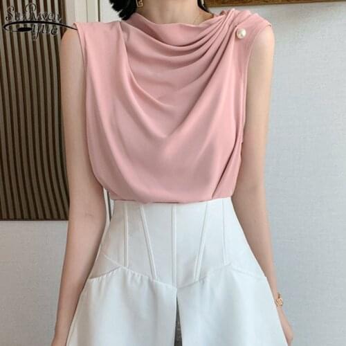 2021 Summer Bottoming Tops Beading Blouse New Chiffon Blouse Fashion Women Sleeveless Shirt Hong Kong Style French Blusas 13036