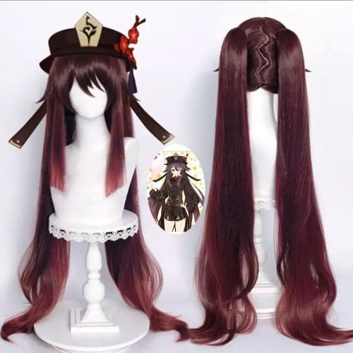 Genshin Impact HuTao Cosplay Women 110cm Long Wig Brown Wig Cosplay Anime Cosplay Wigs Heat Resistant Synthetic Wigs Halloween