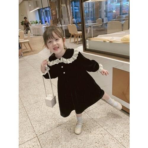 Dress Full Sleeve Knee Length Pullover A-line Solid Regular Cotton Foreigh Style New Fashion Simple Sweet Winter Children Girls