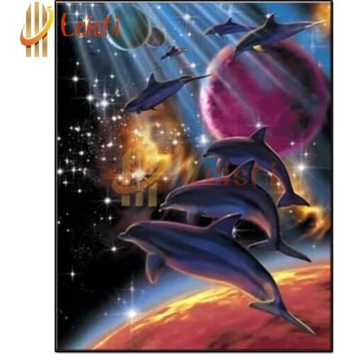 Full square round diamond painting Fantasy planet, dolphin full diamond embroidery animal 5D rhinestone mosaic diamond inlaid