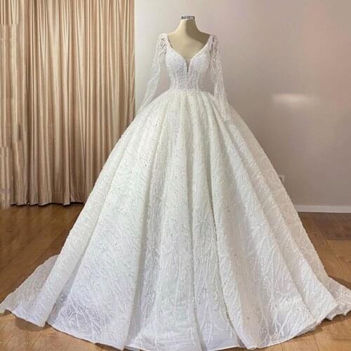 Luxury Crystals Beads Sequins Lace Ball Gown Wedding Dress Sexy Deep V Neck Long Sleeve Wedding Bridal Gowns Vestido de Noiva