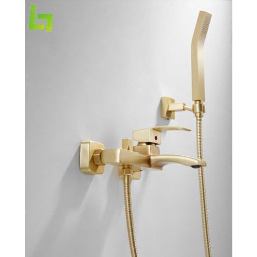 Luxury Bathtub Faucet Wall Mounted Two Function Brushed Gold Bathroom Tap All Brass Body Easy To Install High Quality