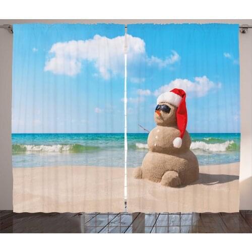 Sandy Snowman Christmas Curtains Funny Santa at Beach Satin Fabric Drapes for Living Room Bedroom 2 Panel Window Set