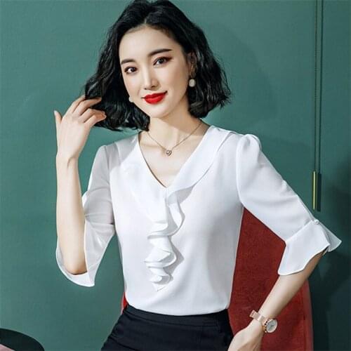 2020 Summer Half Sleeve Women Blouses Loose Chiffon Tops Plus Size M-6XL 7XL 8XL Women Ruffles Elegant Tops Casual Clothes
