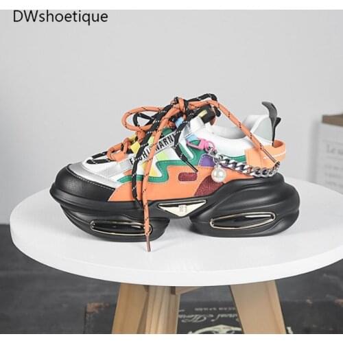Genuine leather mesh women sneakers platform lace up chain women sport shoes