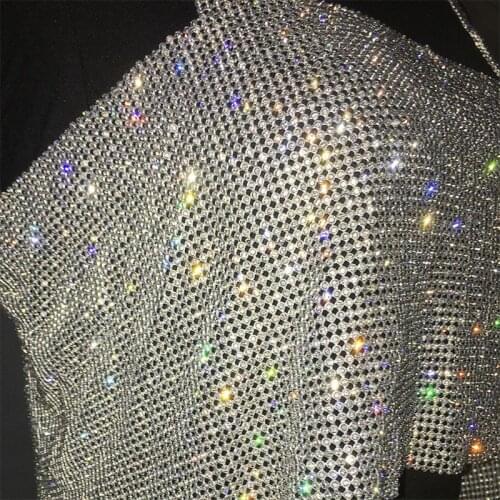 68UA Women Glitter Rhinestone Crop Top Metal Diamond Backless Vest Party Clubwear