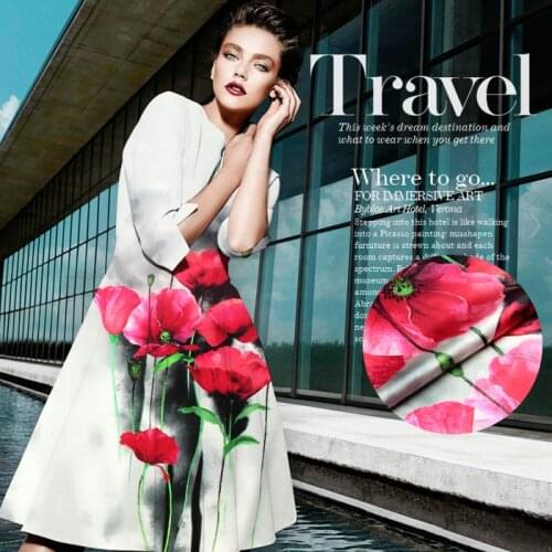 118*110cm 19mm 93% silk & 7% spandex 19mm big red floral print silk satin fabric for dress shirt clothes choengsam D132