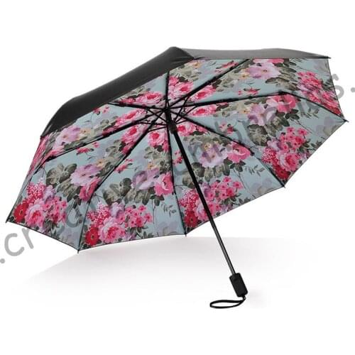 2pcs/lot colour options Fiberglass windproof 5 times black coating anti-UV parasol pocket folding peony flowers print umbrella