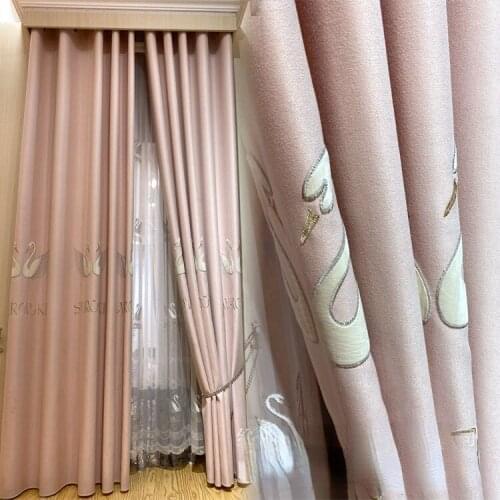 2021 Curtain for living dining room bedroom New Korean style warm pink girl room swan light luxury princess wind curtain screen