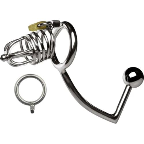 Stainless Steel Bondage Multi-function Male Chastity Small Cage with Butt Plug Anal Hook Fetish Sex Toys for Men G157