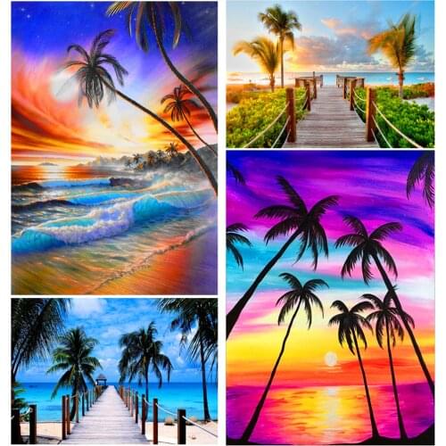 5D Diamond Painting Island Sunset Coconut Tree DIY Round Full Diamond Landscape Embroidery Kit Home Decoration Crafts