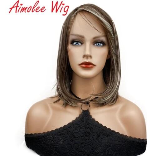 Aimolee Long Straight Wig Chestnut Brown/Pale Blonde Bob Neat Bang Hairstyle Women Synthetic Wigs