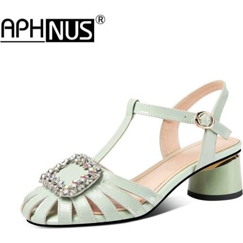 APHNUS Womens Sandals Fishermans Rhinestone Mid High Heels Pumps Woman 2021 Shoes For Women New
