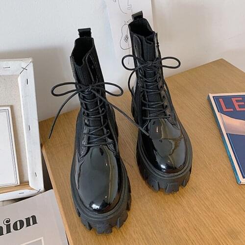 Black Leather Ankle Boots Round Toe Women Boots Lace Up Platform Boots Woman Botas Mujer Motorcycle Boot