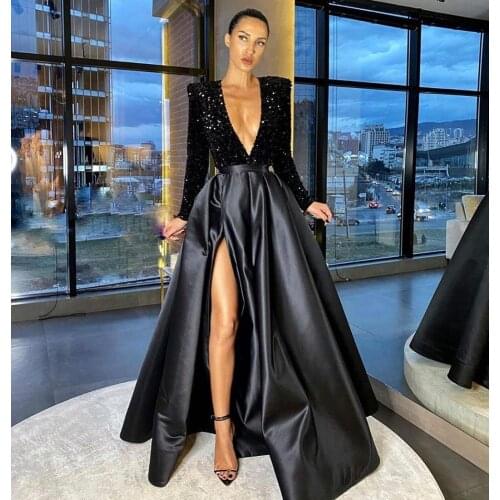 Two Pieces Prom Dresses Long Sleeves Deep V Neck Sexy Black Evening Dress Sequins Tops Satin Slit Skirt Celebrity