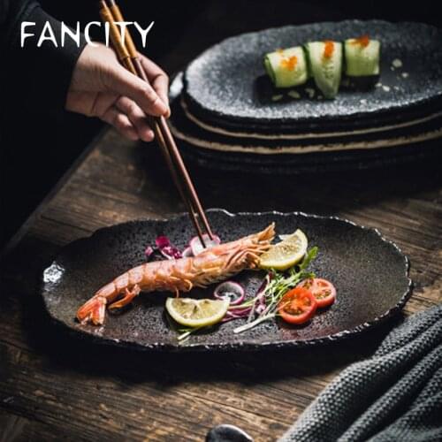 FANCITYJapanese Creative Ceramic Tableware Oval Japanese Food Plate Grilled Fish Plate Sushi Plate Dumpling Plate Household