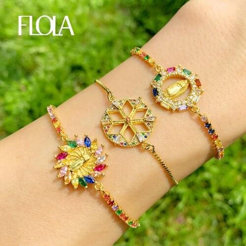 FLOLA Rainbow Virgin Mary Bracelets For Women Round Wheel Charm Bracelets Cubic Zirconia Multicolor Gold Filled Jewelry brtc14