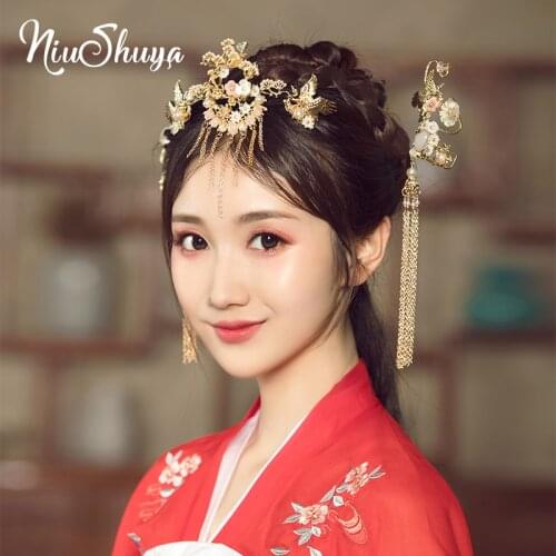 NiuShuya Chinese Hanfu Headdress Bride Hairpin Accessories Crane Flower Wedding Hair accessories