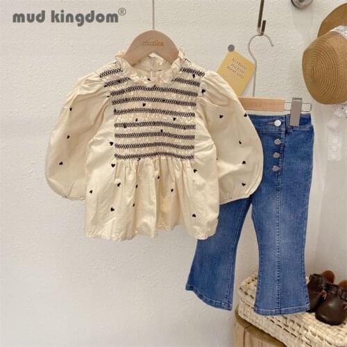 Mudkingdom Little Girl Pants Set Heart Long Puff Sleeve Shirt Solid Button Boot Cut Pant Sets for Toddler Spring Autumn Outfits