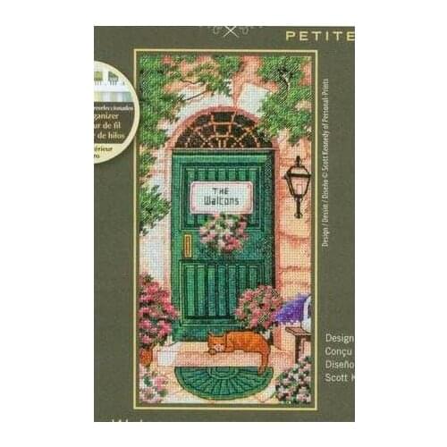 Lovely Gold Collection Counted Cross Stitch Kit Tuscan Welcome Green Door Cat Kitty Kitten dim 65126