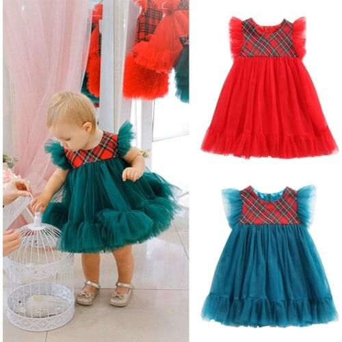 1-6Years Fashion Girls Chritstmas Lace Dress Children Kids Girls Ruffles Sleeve Plaid Patchwork Tulle Dress Party Xmas Outfits