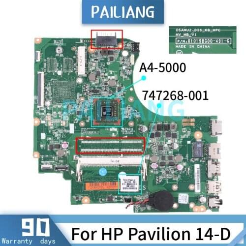 PAILIANG Laptop motherboard For HP Pavilion 14-D A4-5000 Mainboard 747268-001 01019BG00 DDR3 tesed