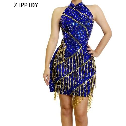 Flashing Blue Gold Sequin Beaded Fringe Dress Bar Prom Women Dance DS Outfit Evening Birthday Celebrate Short Dress