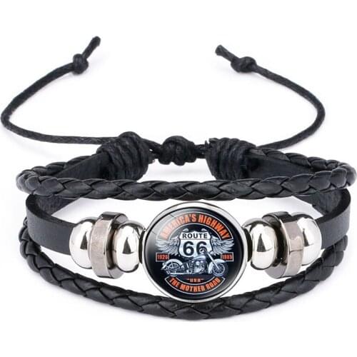 US Route 66 Leather Bracelet Jewelry Classic Punk Glass Dome Cabochon Button Snap Bracelets for Men Women
