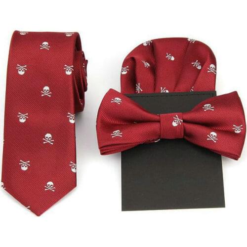 3PCS 2020 Men Jacquard Skinny Neck Tie 6cm Groom Wedding Party Bowtie Skull Necktie Pocket Square Handkerchief Hanky Bow Tie Set