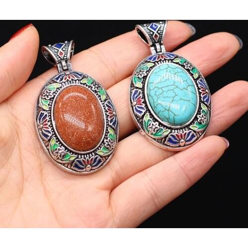 Natural Gem Stone Pendant Boho Cloisonne Turquoises Opal Abalone Shell Charms for DIY Vintage Necklace Jewelry Making Findings