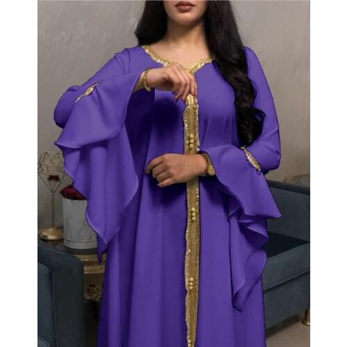 Ramadan Eid Kaftan Dubai Abaya Turkey Muslim Women Hijab Dress Islam Caftan Ruffle sleeve embroidered gold lace dress