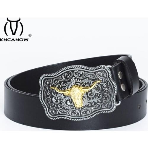 Men Cow Bull Smooth Buckle Zinc Alloy Belt Male Punk Rock Genuine Leather Strap Casual Personality Western Cowboy Accessories