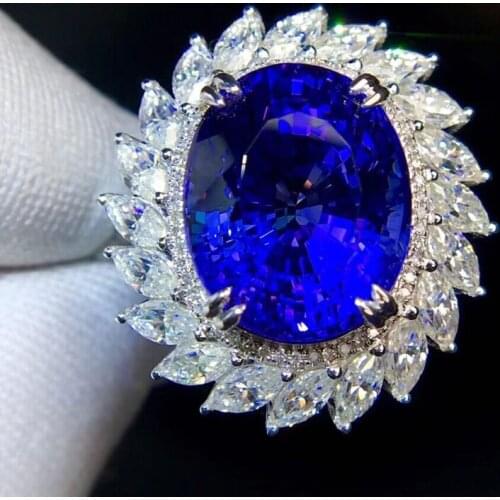 Europe America Luxury Ring Inlay Exaggeration Oval Blue AAA Cubic Zircon S925 Fine Jewelry Womens Wedding Engagement Accessorie