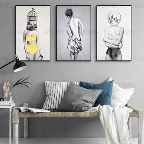 Nordic Black and White Minimalist Character Canvas Paintings Fish Tank Posters Prints Wall Art Pictures Living Room Home Decor