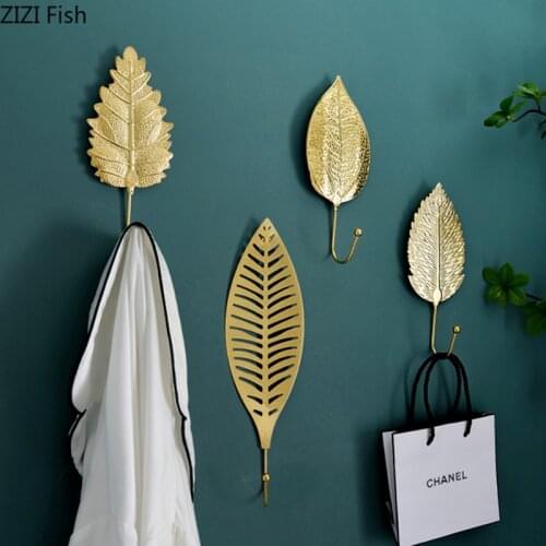 Modern Golden Leaf Hook Living Room Door Decoration Key Clothing Hook Free Punch Hat Sundries Metal Hook Pendant Home Decoration