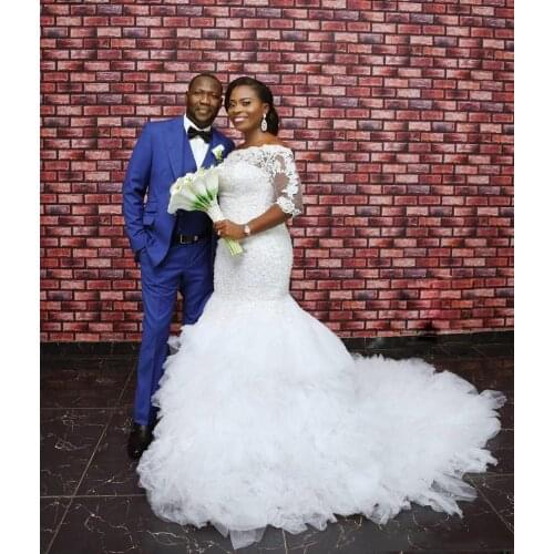 African Long Sleeves Plus Size Lace Mermaid Wedding Dresses Appliques Ruffles Tiered Sweep Train Tulle Lace-up Back Bridal
