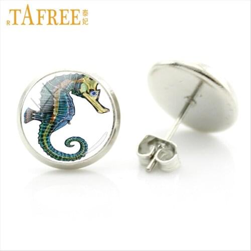 TAFREE 2017 new fashion sea animal art hippocampus earrings for women jewelry marine life charm glass cabochon stud earring E732