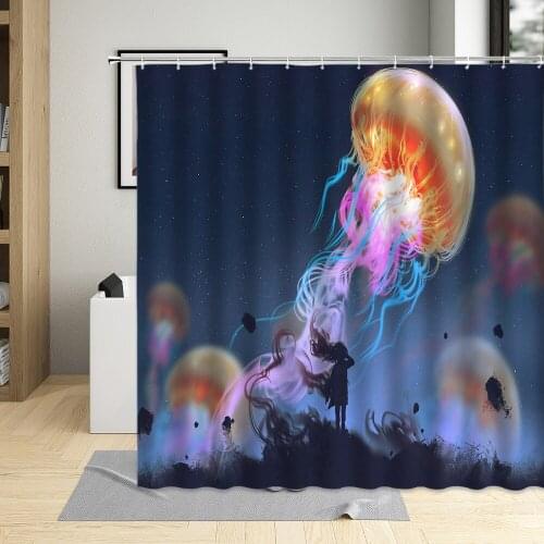3D Jellyfish Bath Shower Curtain Art Ocean Animal Style Decor Cloth Waterproof Polyester Fabric Bathroom Curtains With 12 Hooks