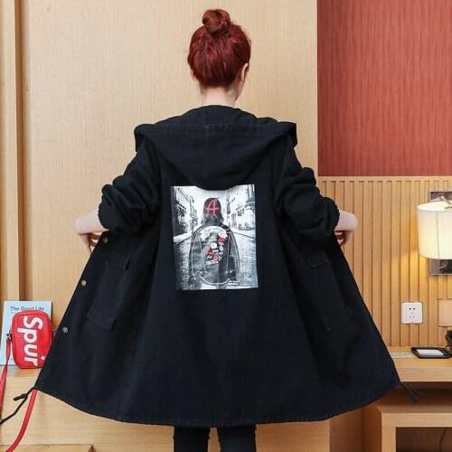 Autumn Winter Korean Women Black Loose Denim Jacket Fashion Hooded Plus Size Jeans Jackets Coats Long Casual Outerwear Tops