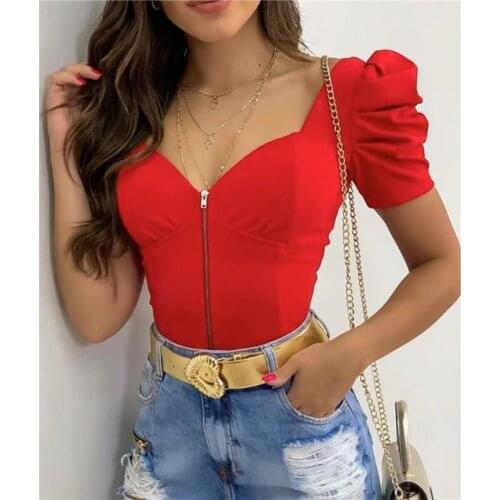 Women Short Puff Sleeve Tops Fashion Summer V Neck Solid Color Zip Up Slim Fit T-Shirts Basic Tops Green/Purple/Red/White
