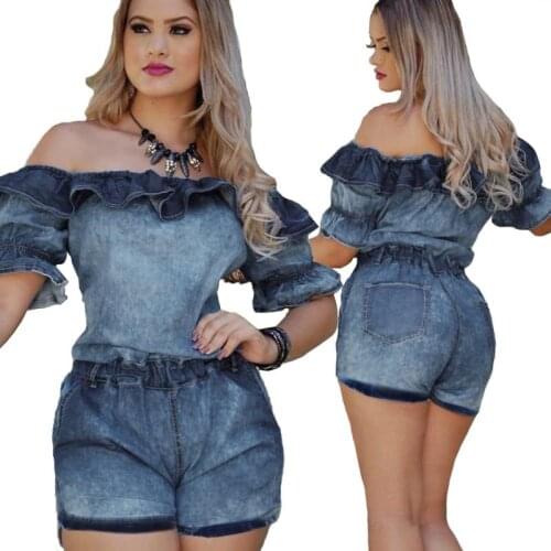 New Sexy Ruffled Tube Top Denim Shorts Skinny Slim Rompers Overalls Women 2021 Blue Jeans High Waist Denim Jumpsuits Bodysuit