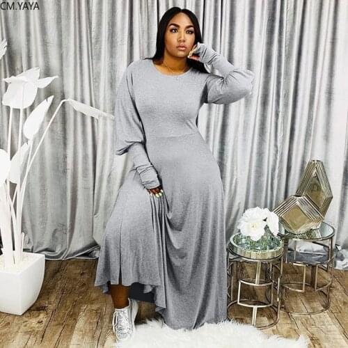 CM.YAYA Autumn Solid Women Lantern Long Sleeve O-neck Fit & Flare Solid Vintage Maxi Dress Active Wear Long Dresses S-4XL