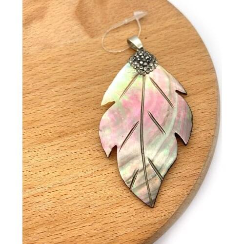 1pc Fashion Natural Black Pearl Shell Pendants Leaf Shape with Rhinestone Beads DIY for Making Jewelry Necklace 34x62mm Size