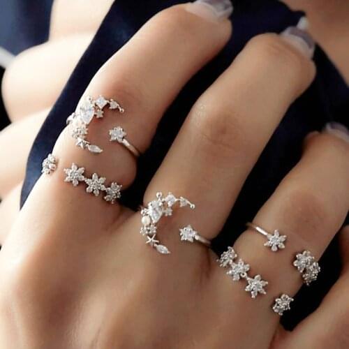 5 Pcs/set Women Fashion Bohemia Crystal Moon Star Hollow Punk Personality Open Ring Set Wedding Jewelry Gift