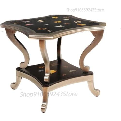 American Light Luxury Simple Antique Painted Solid Wood Square Fan Double-layer Coffee Table Living Room Sofa Corners And Side T