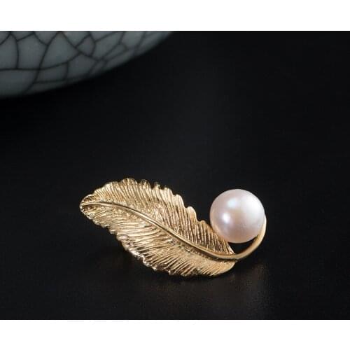 Gold Plated Leaf Brooch Pearl 925 Sterling Silver Pins Women Business Suit Brooches OL Full Dress Evening Official Pin Instagram