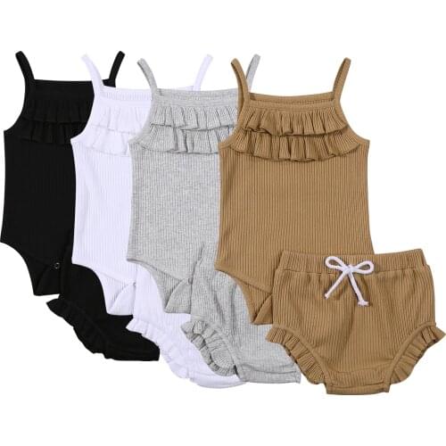 Citgeett Summer Solid Infant Baby Girls Clothes Set Sleeveless Square Collar Sling Romper+Short Pants Ruffles Set