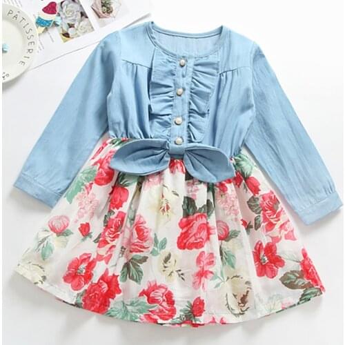 Kids Denim Floral Dress Autumn Long Sleeve Child Slim Casual Clothes Toddler Ruffles Bow Outfits Fashion New Arrival